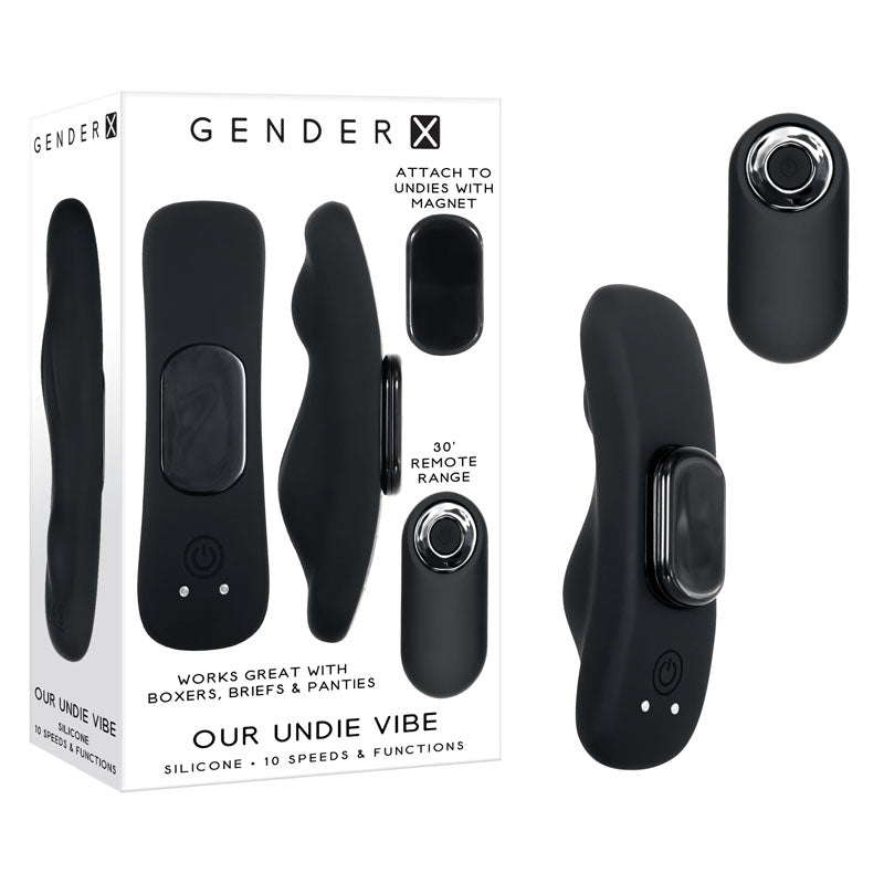 The Gender X OUR UNDIE VIBE Wearable Vibrator is a small black silicone device that is waterproof and submersible. It is shown alongside its packaging, which details 10 powerful vibrating speeds. The vibrator can attach to underwear using a magnet, making it compatible with boxers, briefs, and panties. Additionally, it comes with a remote control that has a range of up to 30 feet.
