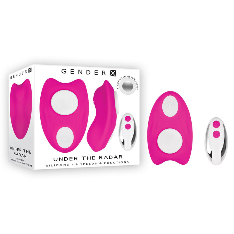 A product image showcases the "Gender X UNDER THE RADAR Wearable Vibrator," a pink silicone wearable vibrator with 9 speeds of vibration. The packaging, in white and pink, includes a remote control vibe for ultimate convenience. Notably, this water-submersible device ensures versatile use in any setting.