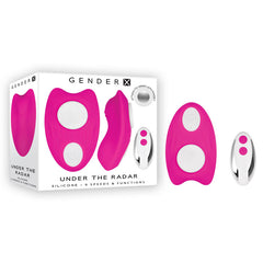 A product image showcases the "Gender X UNDER THE RADAR Wearable Vibrator," a pink silicone wearable vibrator with 9 speeds of vibration. The packaging, in white and pink, includes a remote control vibe for ultimate convenience. Notably, this water-submersible device ensures versatile use in any setting.
