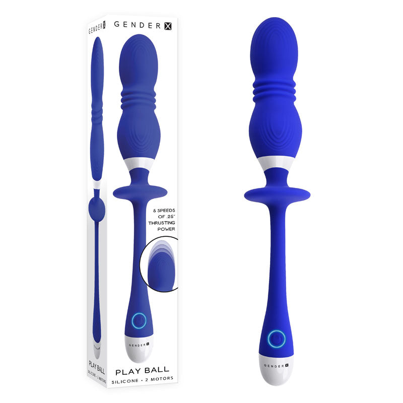 A blue silicone Gender X PLAY BALL Thrusting Vibrator with a rounded, ribbed design is displayed in front of its box. The packaging showcases the same massager image and reads, "Play Ball," "Gender X," "Creamy Smooth Silicone + 2 Motors," and lists "5 speeds of 3x thrusting power.