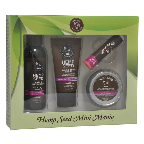 A travel-themed Hemp Seed Mini Mania Set with various miniature products, including a bath and shower gel, hand and body lotion, a massage candle, and a lip balm stick, all packaged in a box.