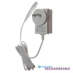 An image showcasing the Magic Wand Rechargeable Power Charger, featuring a white design with a coiled cord and a rounded tip connector. The adapter is equipped with flat prongs for outlet connectivity. At the bottom right corner, "magicwand RECHARGEABLE" is prominently displayed in blue and purple, emphasizing its compatibility with the Hitachi Magic Wand Rechargeable.
