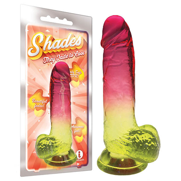 Package and product image of the Shades 8'' Jelly TPR Dong. The jewel-tone dildo transitions from red at the tip to yellow at the base. The packaging features the brand name "Shades" and highlights its gradient color fading, body-safe material, and an "i" icon, emphasizing both safety and style in adult toys.