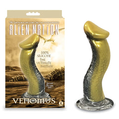 Packaging and product image of the Alien Nation Dildo - Venomus, a 100% silicone adult toy with a snake-themed design featuring a scales pattern, curved shape, and stunning gold and black coloration. The packaging, labeled "Alien Nation," showcases illustrations of a dragon and a dystopian landscape, making it an eye-catching piece for your Primus collection.