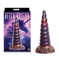 A product image showcases the "Alien Nation - Pegasus Dildo," a multi-colored, spiral-shaped silicone sex toy crafted from premium platinum silicone. The device is presented against its packaging, which features a stylized galaxy background and text description that hints at its magical powers.