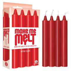 A product package of "Make Me Melt Drip Candles Sex Wax - Red" designed for safe sensual play. The package includes a set of four candles in erotic red. The box displays the product name and description, with the candles placed upright beside the package.