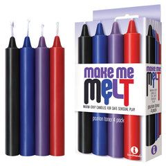 A package labeled "Make Me Melt Drip Candles Sex wax" contains four warm-drip, wax-play candles designed for safe sensual play. The erotic colors included are black, blue, purple, and red. The packaging indicates this is a "passion tones 4 pack," with the Iconbrands logo visible in the bottom right corner.