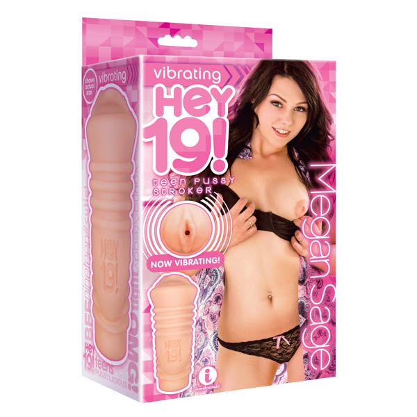 A pink-themed product box showcases a young woman in lingerie, with text reading "Hey 19! Megan Sage - Flesh Teen Vibrating Vagina Masturbator." The vibrating masturbation aid's image is prominently featured on the left.
