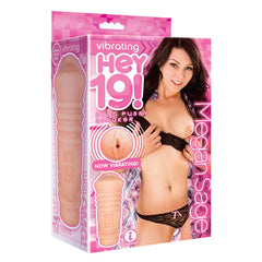 A pink-themed product box showcases a young woman in lingerie, with text reading "Hey 19! Megan Sage - Flesh Teen Vibrating Vagina Masturbator." The vibrating masturbation aid's image is prominently featured on the left.