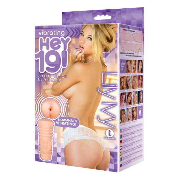 The image showcases the packaging of the "Hey 19! Lilly Ivy - Flesh Teen Vibrating Anal Masturbator," featuring a photo of Lily Ivy in white lace lingerie posing suggestively. Ideal for anal play, the flesh-colored stroker is designed with realistic anatomy and offers pleasurable vibration.
