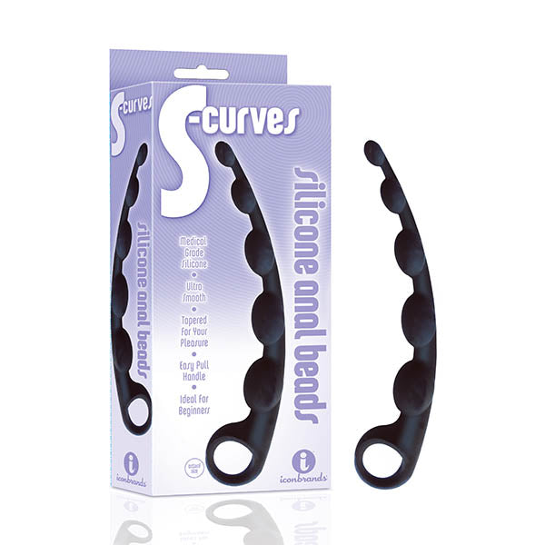 A black silicone anal beads toy is displayed next to its packaging, which reads "The 9's S-Curves Anal Beads, Medical Grade Silicone, Ultra Smooth, Tapered for Your Pleasure, Easy Pull Handle, Ideal for Beginners." The toy features several rounded pleasure-bumps.