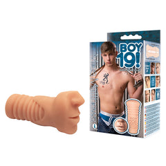 A product image showcasing the Icon Brands silicone male masturbator with a sculpted face and ribbed exterior. The packaging features the product name "Boy 19! Miles Mathews" along with an image of a shirtless twink holding a protective case for the masturbator.