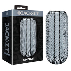 A product image of the Jack-It Stroker, showcasing a textured, grey cylindrical device along with its packaging. The predominantly black and grey packaging prominently features the brand name 'Jack-It' with 'Smoke' written at the bottom. The design is ergonomic and allows for easy cleaning.