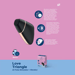 A pink poster showcases the Satisfyer Love Triangle Air-Pulse Vibrator - Black and its packaging, highlighting product details and icons for Bluetooth compatibility, the Satisfyer App, and a waterproof feature. The title at the bottom reads "Love Triangle Air-Pulse Vibrator + Vibration" with advanced Air-Pulse Technology.