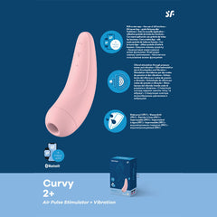 A product image of the pink "Satisfyer Curvy 2+ Air Pulse Vibrator" is displayed alongside its packaging, highlighting features such as Air Pulse technology, Bluetooth compatibility, waterproof design, and access to the Satisfyer Connect App for customization.