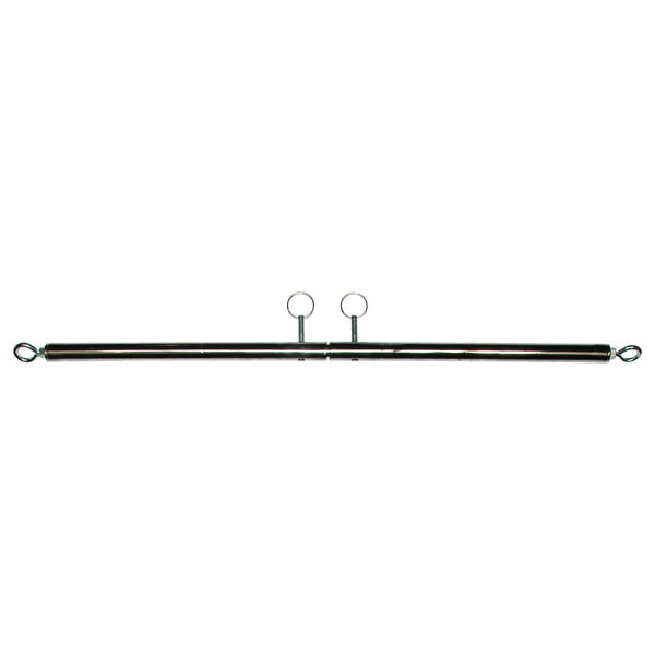 The KinkLab Adjustable General Purpose Spreader Bar is a horizontal metallic bar with two rings attached at the top near the center and additional rings at each end. Featuring a clean, shiny finish, this adjustable spreader bar complements any collection of erotic toys.