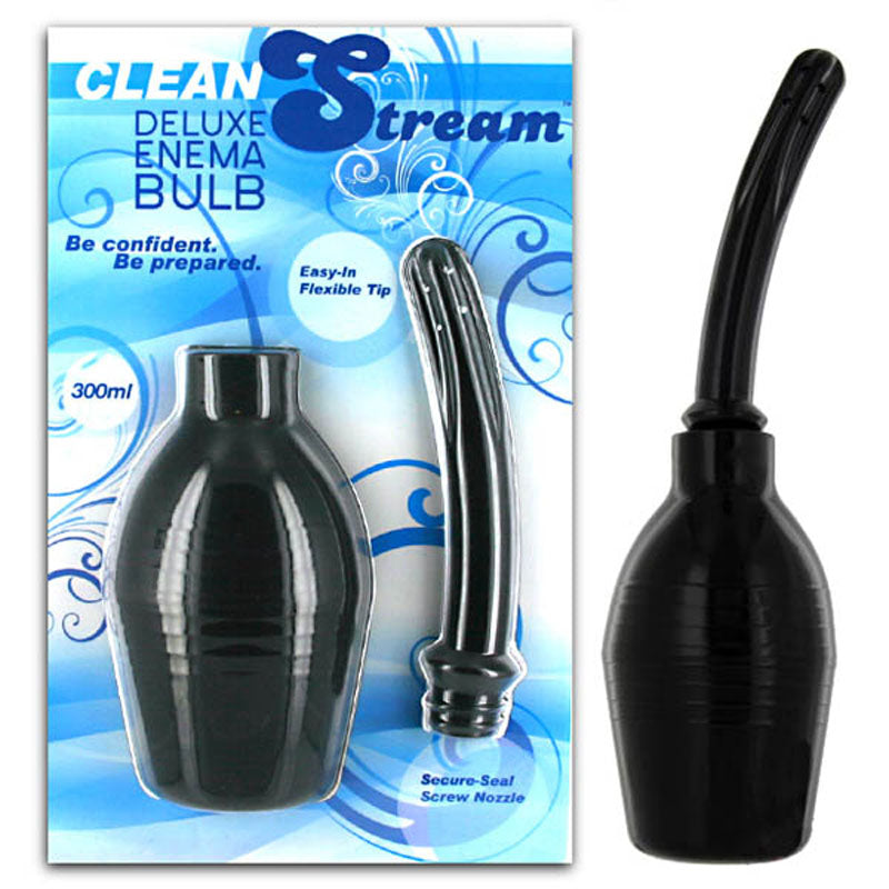 A boxed product titled "Cleanstream Deluxe Enema Bulb 300ml," featuring a black, skin-safe silicone bulb and an attached flexible tip nozzle on the packaging. The package includes phrases like "Be confident. Be prepared.", "Easy-in Flexible Tip," and "Secure-Seal Screw Nozzle.