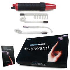 The KinkLab Neon Wand Electrosex Kit includes a red and black handheld device, four uniquely shaped glass attachments, a product manual, and comes in a sleek black box labeled "ElectroErotic Neon Wand," making it perfect for an electrifying experience.