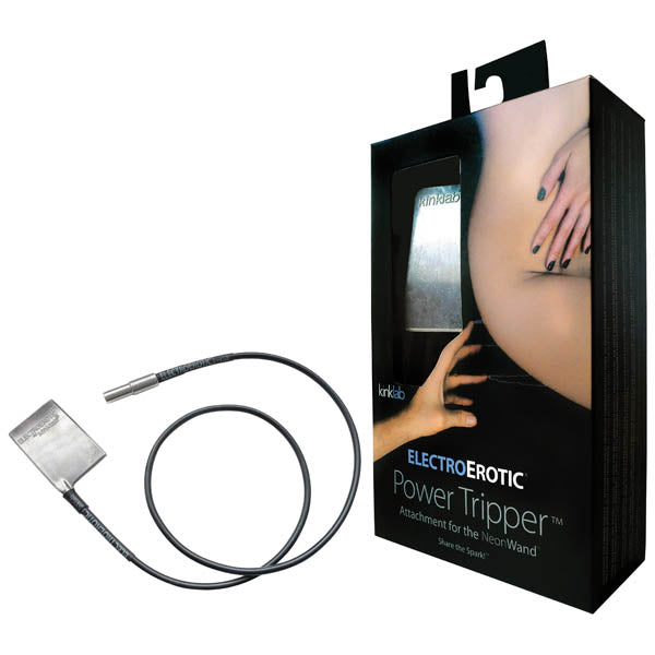 A boxed product labeled "KinkLab Power Tripper Electrosex Wand Attachment" features an image of a person's hand near their thigh. Inside, a cord with a metal attachment at one end is coiled next to the box, promising erotically tingling sensations when paired with your Neon Wand.