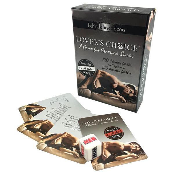 The image shows a boxed set of the game "Behind Closed Doors - Lovers Choice - Couples Game." The black box features images of a couple. This erotic love game includes dice labeled "HER" and "HIM," along with several cards featuring activities for couples.