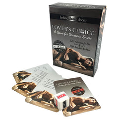 The image shows a boxed set of the game "Behind Closed Doors - Lovers Choice - Couples Game." The black box features images of a couple. This erotic love game includes dice labeled "HER" and "HIM," along with several cards featuring activities for couples.
