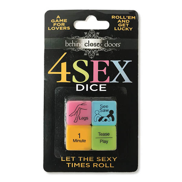A packaged set of dice called "Behind Closed Doors - 4 Sex Dice" features different words and actions on each side. The package states "A game for lovers" and "Roll 'em and get lucky". Dice include words like "Legs", "1 Minute", "Tease", and "Play". The tagline at the bottom reads, “Let the sexy times roll with enjoyable positions.”