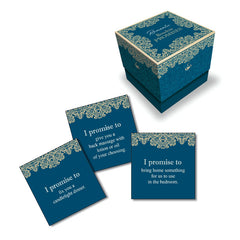 A dark green box with ornate gold designs and the title "Behind Closed Doors - Romantic Boudoir Promises" contains promise cards. Three cards are displayed, featuring romantic gestures such as a candlelight dinner, a back massage with lotion or oil, and bringing home a surprise for use in the bedroom.