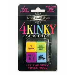 The packaging for "Behind Closed Doors - 4 Kinky Sex Dice" includes four colorful dice, each featuring kinky instructions like "1 Minute," "Lick," and "Suck." Perfect for spicing up sexual foreplay, the tagline at the bottom reads, "Let the sexy times roll.
