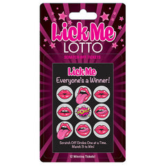 Introducing "Lick Me Lotto," a pack of scratch-off lottery tickets designed with nine circles adorned with playful lip and tongue illustrations. The package boldly states, "Lick Me Everyone's a Winner! Scratch Off Circles One at a Time. Match 3 to Win!" Each pack includes 12 winning tickets.