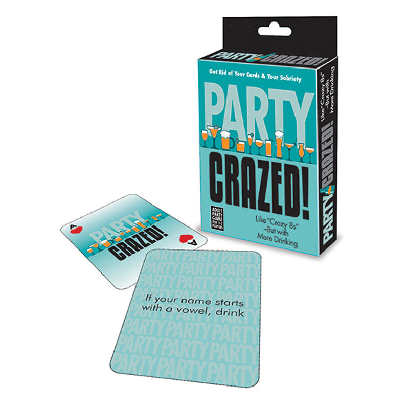 An image of a party-themed card game set titled "Party Crazed" is shown. The box stands upright with cards spread out in front. One card displays the game's title, while another reads: "If your name starts with a vowel, drink." This fun party game adds a wild twist to traditional drinking games.
