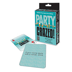 An image of a party-themed card game set titled "Party Crazed" is shown. The box stands upright with cards spread out in front. One card displays the game's title, while another reads: "If your name starts with a vowel, drink." This fun party game adds a wild twist to traditional drinking games.