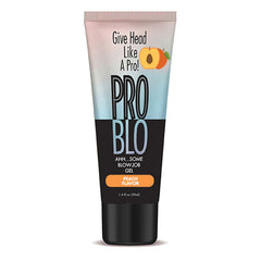 This image displays the ProBlo Oral Pleasure Gel in Peach flavor, packaged in a sleek tube with a cream colored background and black and pink text. The tube prominently features a peach graphic and specifies that the gel is designed to give head like a pro.