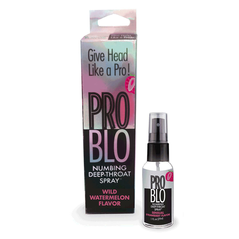 A spray bottle labeled "ProBlo Deep Throat Spray - Strawberry" is next to its packaging box which also bears the same product name and flavor. The box prominently displays the text "Give Head Like a Pro!" at the top, highlighting its function as an effective oral desensitiser to reduce gag reflex.