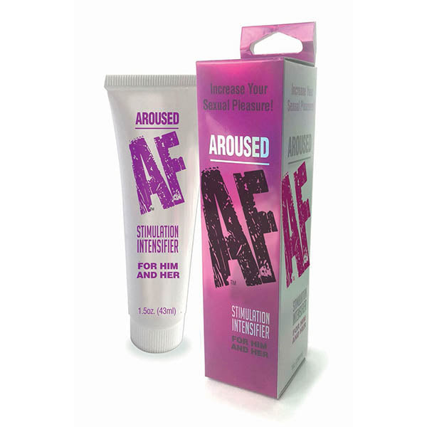 A product image displays a tube alongside its packaging. The tube is labeled "AROUSED AF Stimulation Intensifier for Him and Her" and holds 44 ml (1.5 oz) of cream. The pink box features the same text, along with "Increase Your Sexual Pleasure!" at the top, making it ideal for enhancing sexual play and increasing enjoyment.