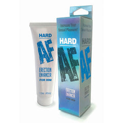 An image of the product packaging for "Hard AF" is shown. The image features a white tube labeled "Hard AF Erection Enhancer For Him, 1.5 oz (43 ml)" alongside its vibrant box. This potent gel is formulated to provide firm erections and enhance intimate activities, intensifying pleasure.