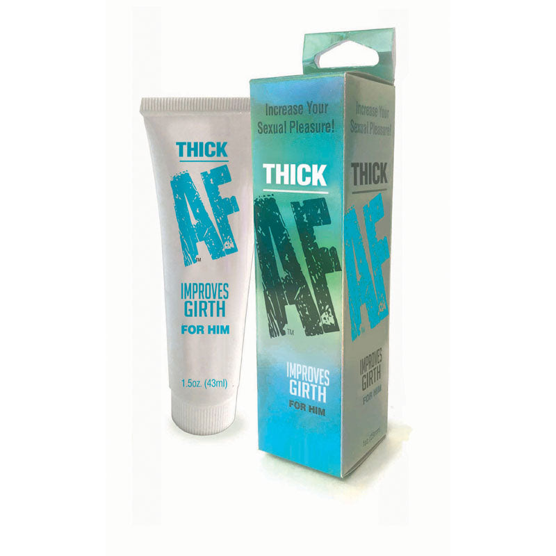 A white tube labeled "Thick AF Improves Girth For Him" rests beside its packaging box, which features the same text. The 1.5oz (43ml) girth cream is specifically designed to enhance male thickness. Additionally, the top of the box prominently displays the phrase "Increase Your Sexual Pleasure!" in green.