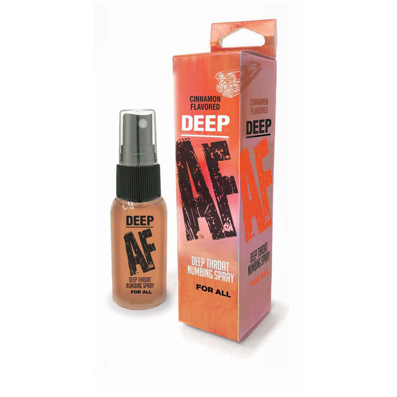 Bottle and packaging of "Deep AF - Cinnamon," a cinnamon-flavored oral desensitizer designed to help with gag reflex. The bottle is brown with a black cap and the words "Deep AF" on the front. The packaging is similarly branded with orange and black text.