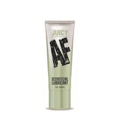 A beige tube of Juicy AF Desensitising Gel, labeled in bold black letters on the front, designed to combat premature ejaculation. The tube size is 59 ml (2 ounces).