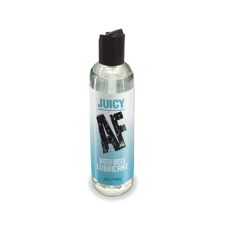 A bottle of Juicy AF Water Based Lubricant with a black cap on a white background.