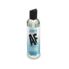 A bottle of Juicy AF Water Based Lubricant with a black cap on a white background.