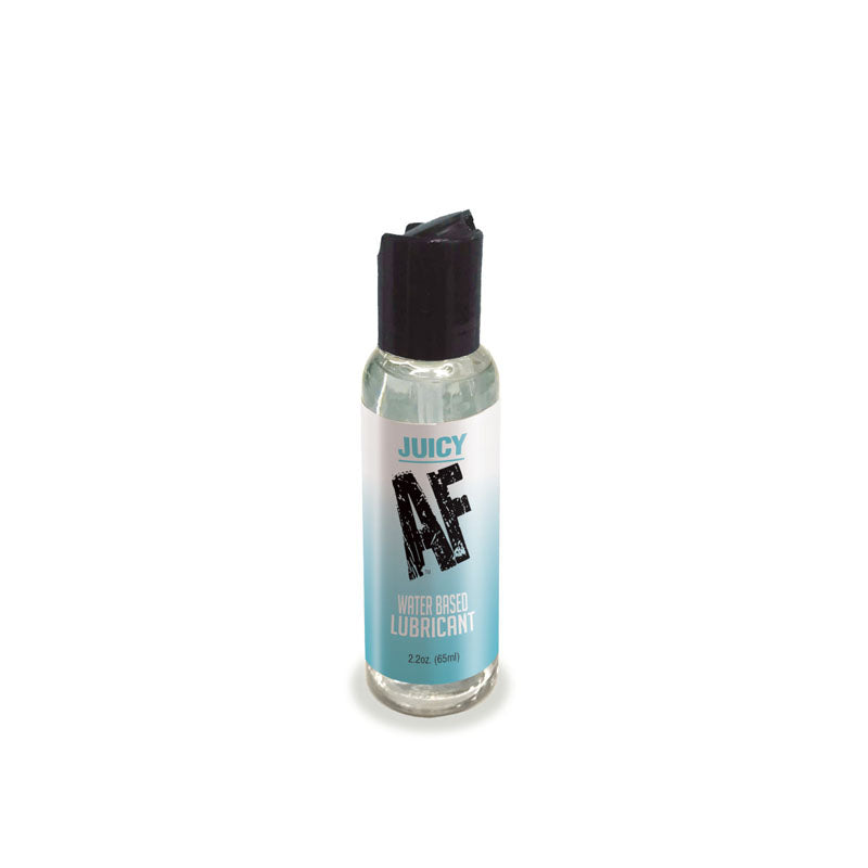 A small bottle of "Juicy AF" water-based lubricant with a black flip-top cap. The clear bottle features a light blue label and contains 59 ml (2 ounces) of lube. Ideal for use with sex toys and condoms, the design is simple and minimalistic.
