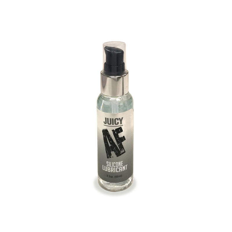 A transparent bottle labeled "Juicy AF Silicone Lubricant - 59 ml" features a silver pump dispenser. The bottle showcases a gradient design, dark at the bottom and lightening towards the top, making it perfect for enhancing shower sex or anal sex. Its capacity is indicated as 2.0 oz (59 ml).