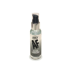 A transparent bottle labeled "Juicy AF Silicone Lubricant - 59 ml" features a silver pump dispenser. The bottle showcases a gradient design, dark at the bottom and lightening towards the top, making it perfect for enhancing shower sex or anal sex. Its capacity is indicated as 2.0 oz (59 ml).