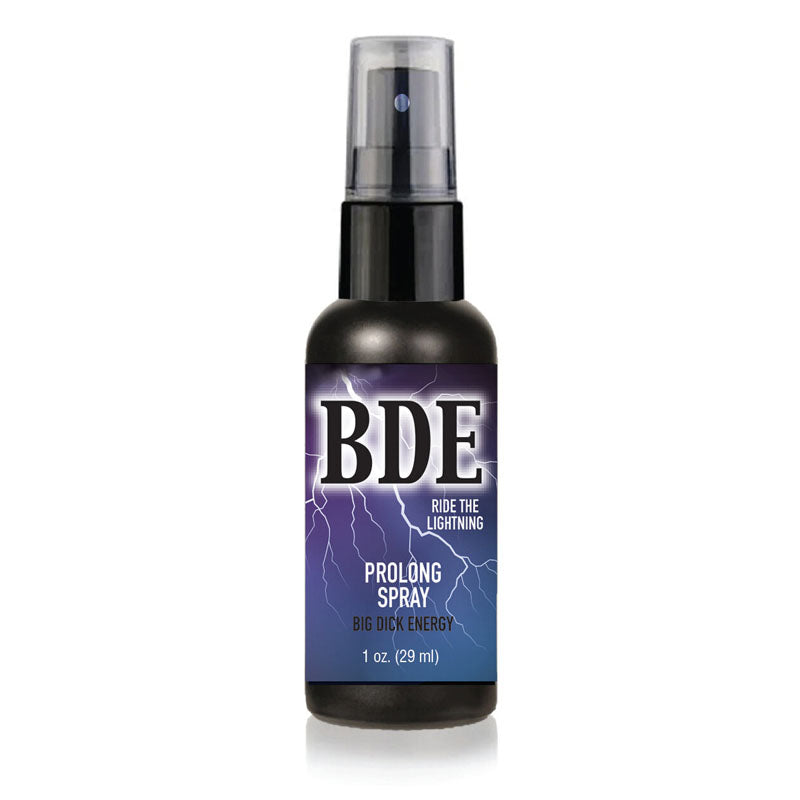 A compact black spray bottle labeled "Big Dick Energy Prolong Spray" and "BDE Ride the Lightning," adorned with lightning graphics. It promises to enhance sexual experiences by extending duration, and contains 1 oz (29 ml) of product.