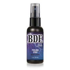 A compact black spray bottle labeled "Big Dick Energy Prolong Spray" and "BDE Ride the Lightning," adorned with lightning graphics. It promises to enhance sexual experiences by extending duration, and contains 1 oz (29 ml) of product.