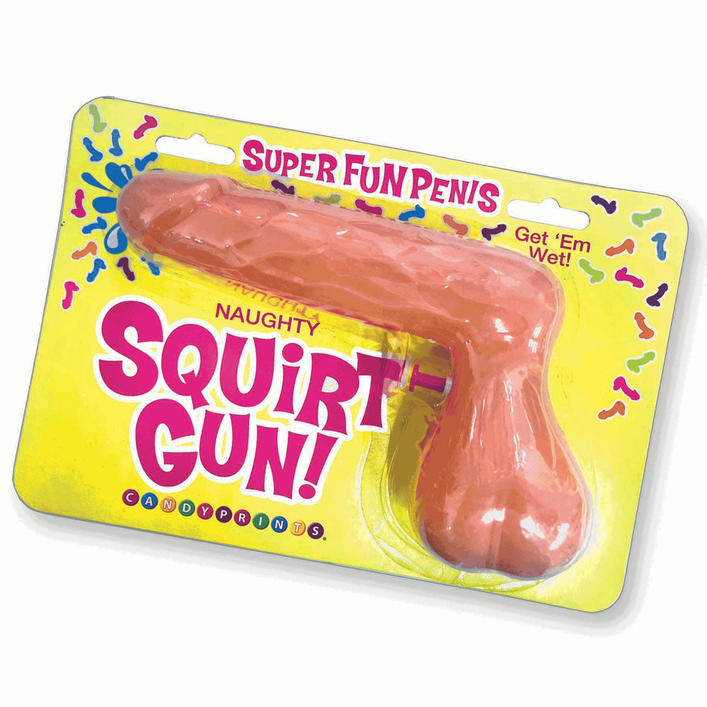 A plastic toy in the shape of a penis, packaged with the label "SUPER FUN SQUIRT GUN!" in vibrant text surrounded by colorful splashes. Ideal for hen's party entertainment, the packaging indicates that this unique squirt gun is perfect for playful water battles.
