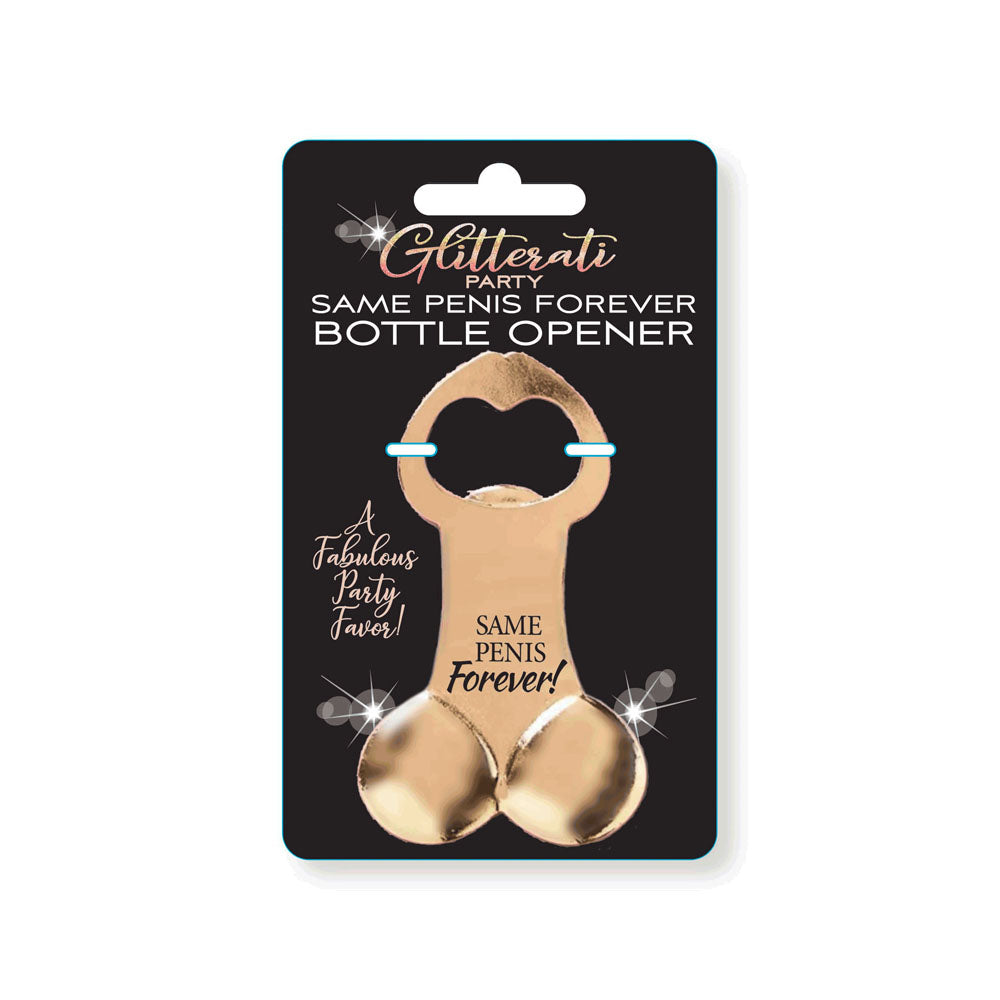 The Glitterati Same Penis Forever Bottle Opener, a hilarious hen's party accessory, is shaped like male genitalia and displayed on a black and turquoise package. The package reads "Glitterati Party" at the top and "A Fabulous Party Favor!" at the bottom left, making it a perfect bridal shower gift.