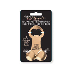 The Glitterati Same Penis Forever Bottle Opener, a hilarious hen's party accessory, is shaped like male genitalia and displayed on a black and turquoise package. The package reads "Glitterati Party" at the top and "A Fabulous Party Favor!" at the bottom left, making it a perfect bridal shower gift.