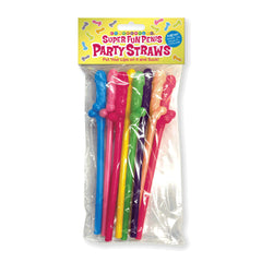 A pack of reusable novelty straws, called "Super Fun Penis Party Straws - Coloured," features various bright hues and a distinctive penis shape at the top. The packaging humorously encourages use with the tagline, "Put your Lips on it and Suck!" making these straws perfect for adult parties.