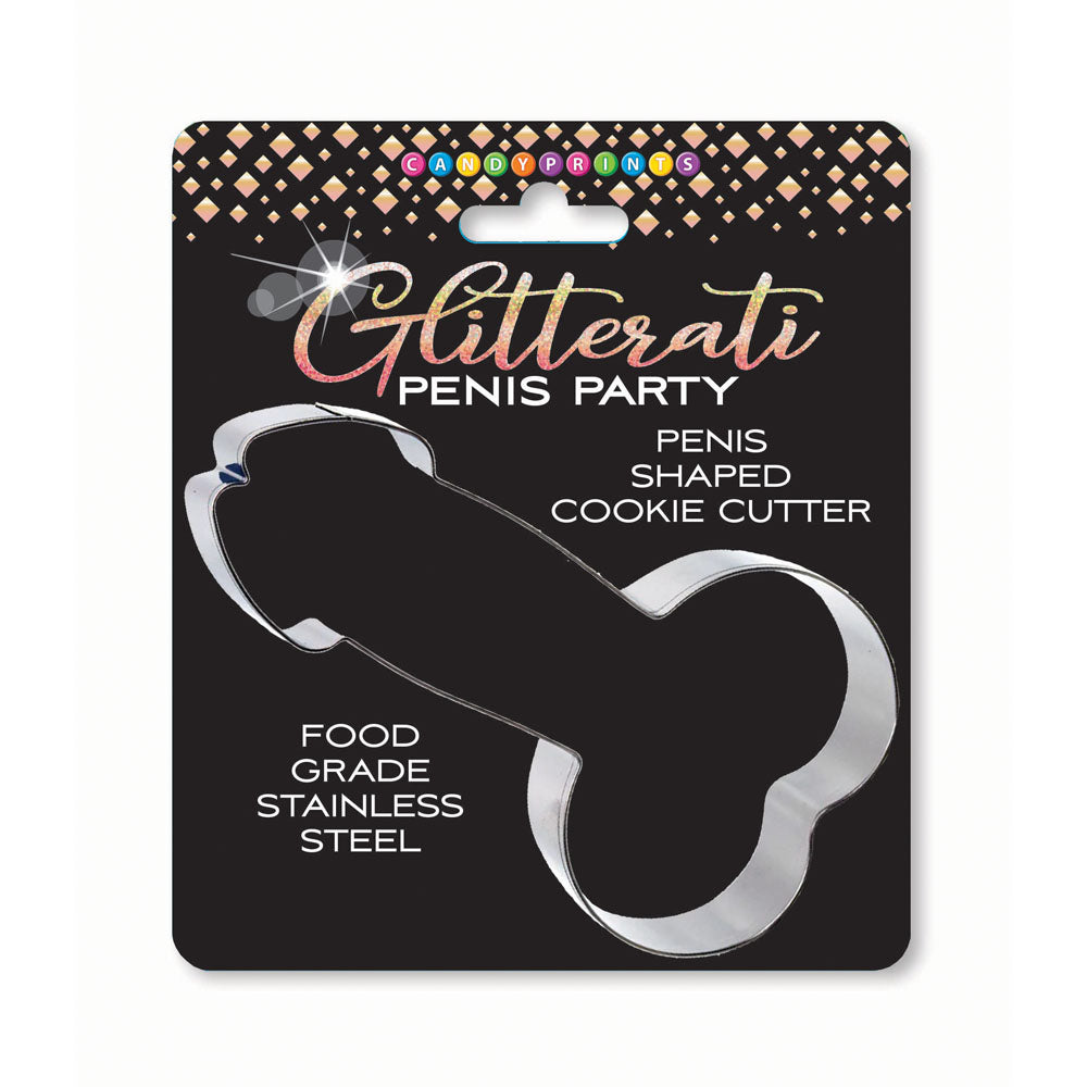 Introducing the Glitterati Penis Cookie Cutter package! The chic packaging prominently displays "Glitterati Penis Party" and "Penis Shaped Cookie Cutter," highlighting its "High-Quality Stainless Steel." Enhance your celebrations with this premium, food-grade tool. The package features a sleek black background adorned with a diamond-like pattern at the top.👑🍪